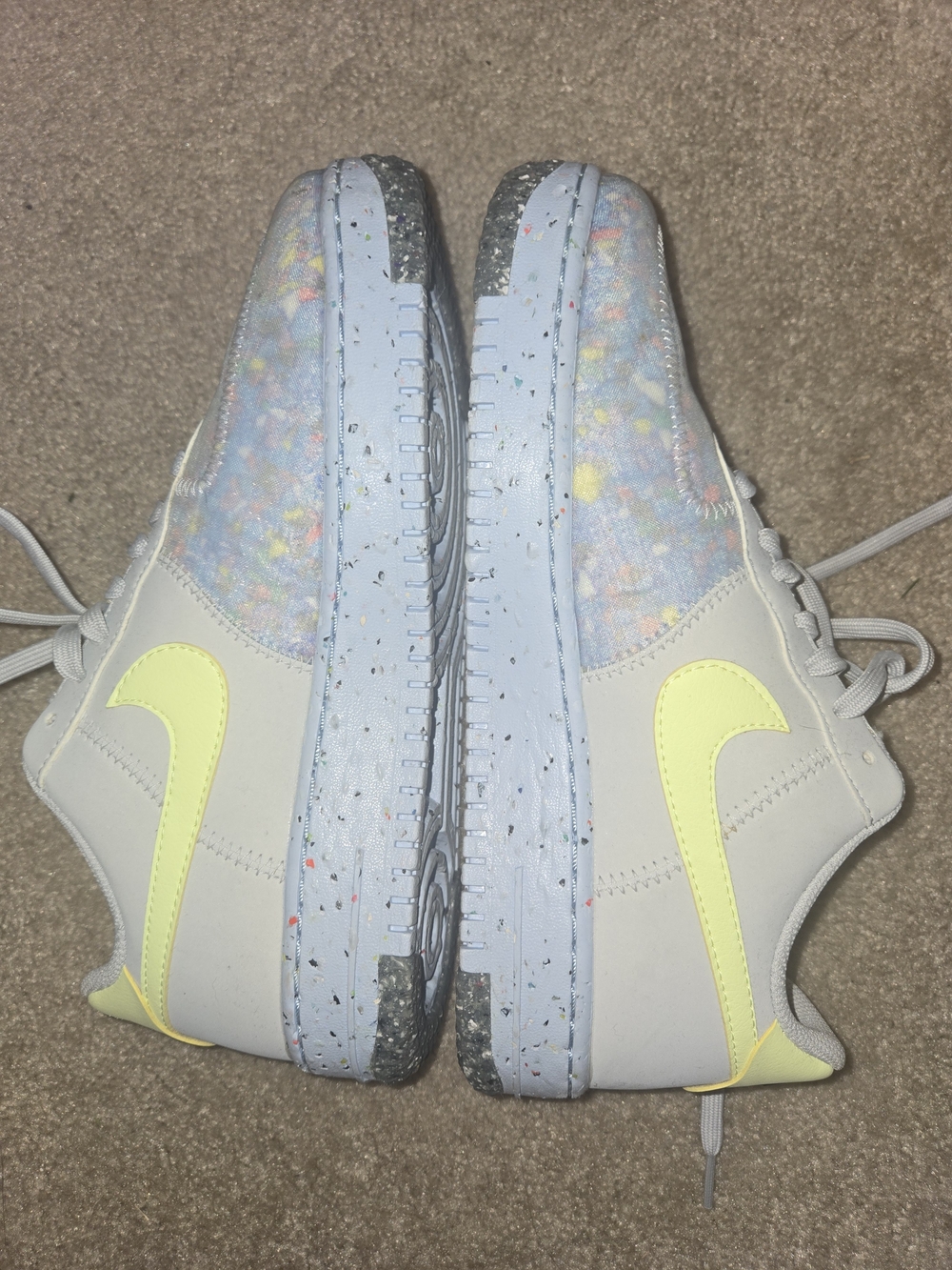 Nike Women's AF1s Sneakers in Light Gray, Slate Blue w/Neon Yellow Swoosh SIZE 9